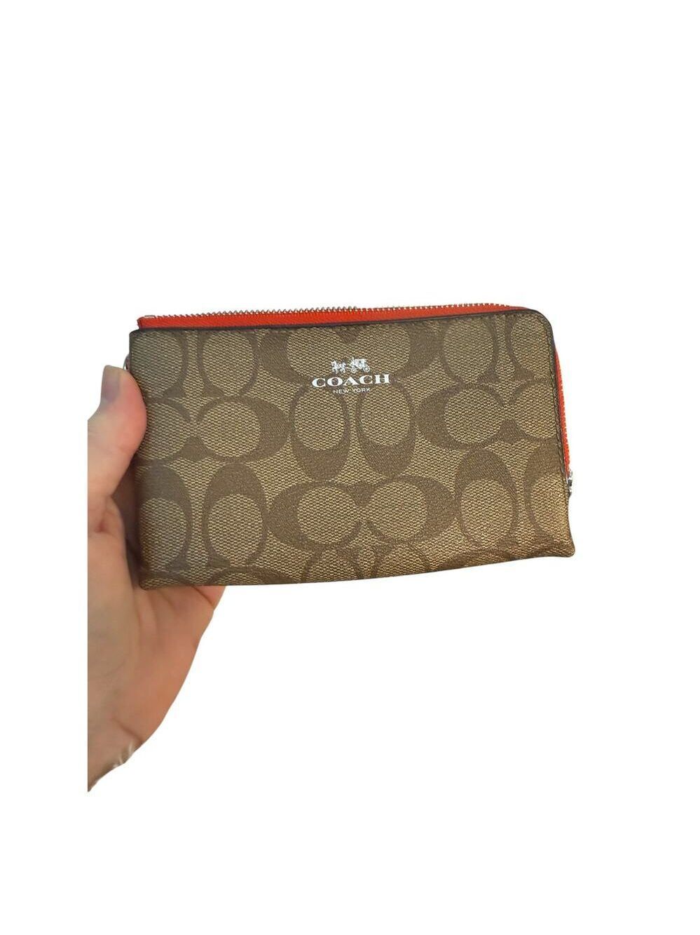 COACH N.Y. 2 Zipper Going Down Side Brown Wristlet Red Trim